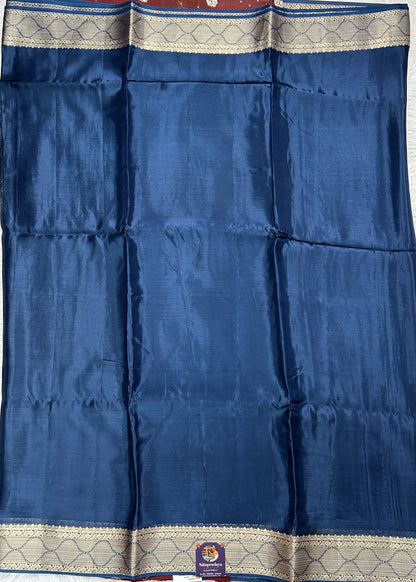 Satin Georgette Saree Indigo Blue Colored Complemented with a Zari Border. - Sampradaya Designer Studio