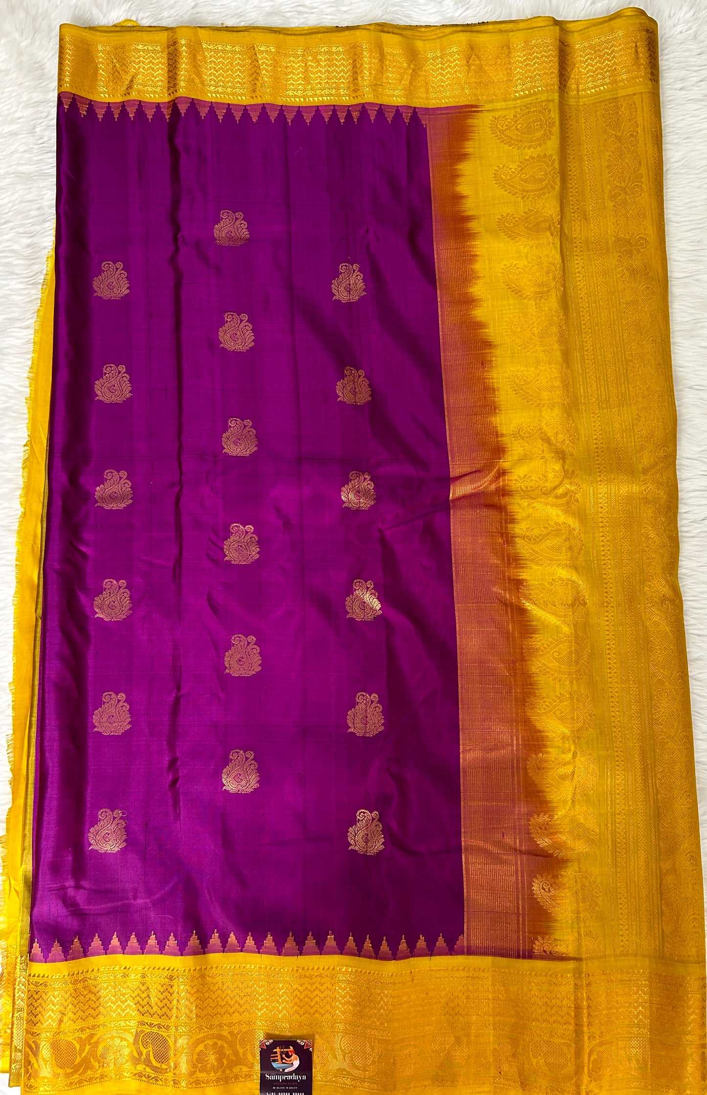 Gadwal Pattu Saree Purple Colored Complemented With a Pattu Mustard Yellow Border - Sampradaya Designer Studio