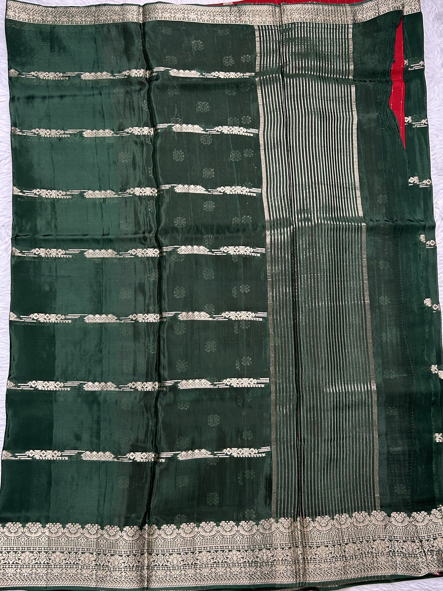 Satin Georgette Saree Bottle Green Colored Complemented with a Zari Border. - Sampradaya Designer Studio