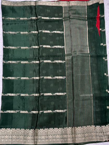 Satin Georgette Saree Bottle Green Colored Complemented with a Zari Border. - Sampradaya Designer Studio
