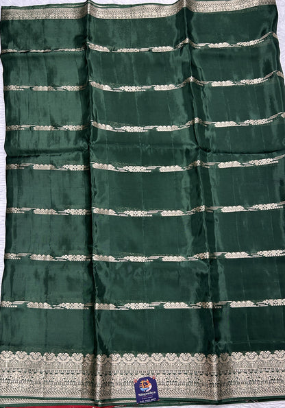 Satin Georgette Saree Bottle Green Colored Complemented with a Zari Border. - Sampradaya Designer Studio