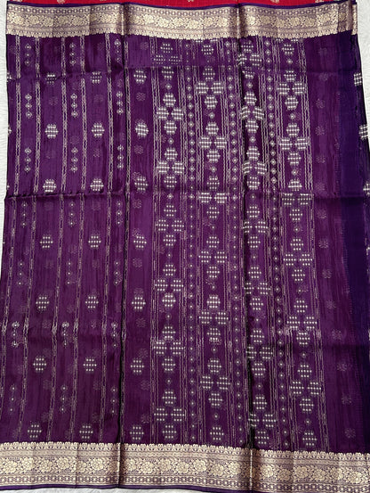 Satin Georgette Saree Purple Colored Complemented with a Zari Border. - Sampradaya Designer Studio