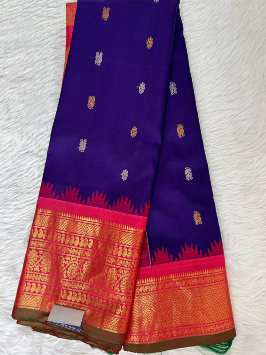 Gadwal Pattu Saree Blue Colored Complemented With a Pattu Rose Pink Color Border - Sampradaya Designer Studio