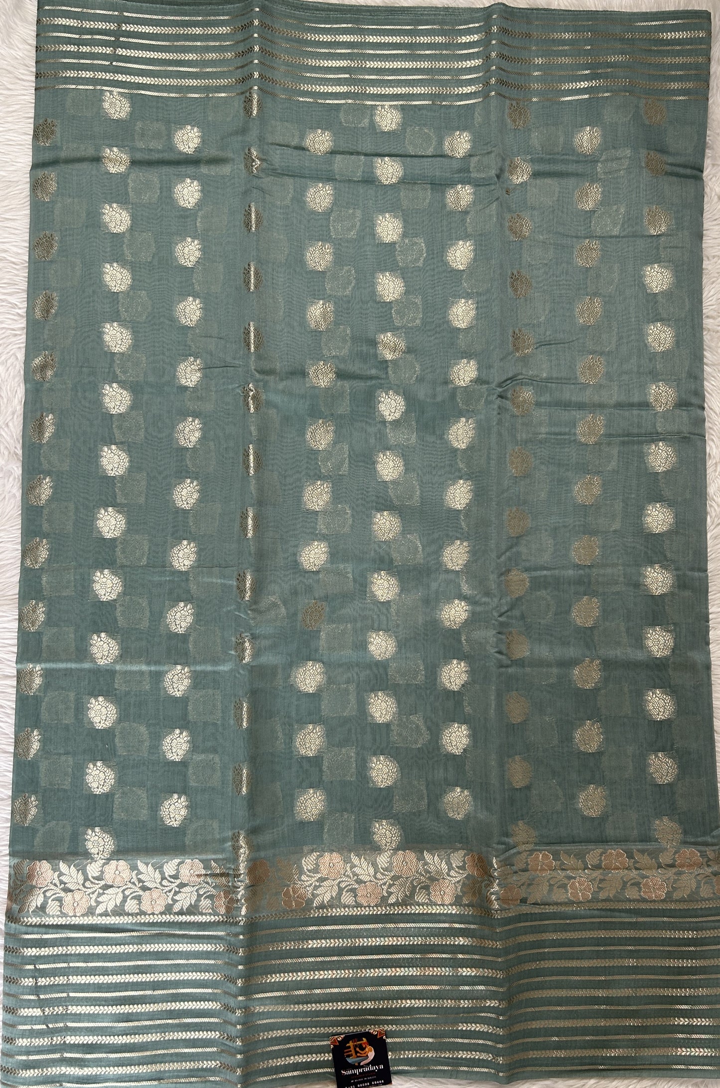 Maheshwari Chanderi Cotton Saree Sea Blue Colored Complemented with a Zari Border. - Sampradaya Designer Studio