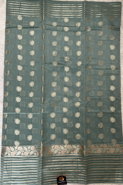 Maheshwari Chanderi Cotton Saree Sea Blue Colored Complemented with a Zari Border. - Sampradaya Designer Studio