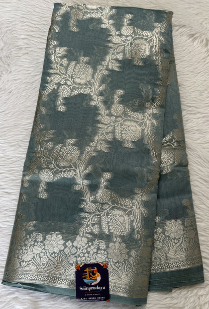 Maheshwari Chanderi Cotton Saree Bluish Grey Colored Complemented with a Zari Border. - Sampradaya Designer Studio