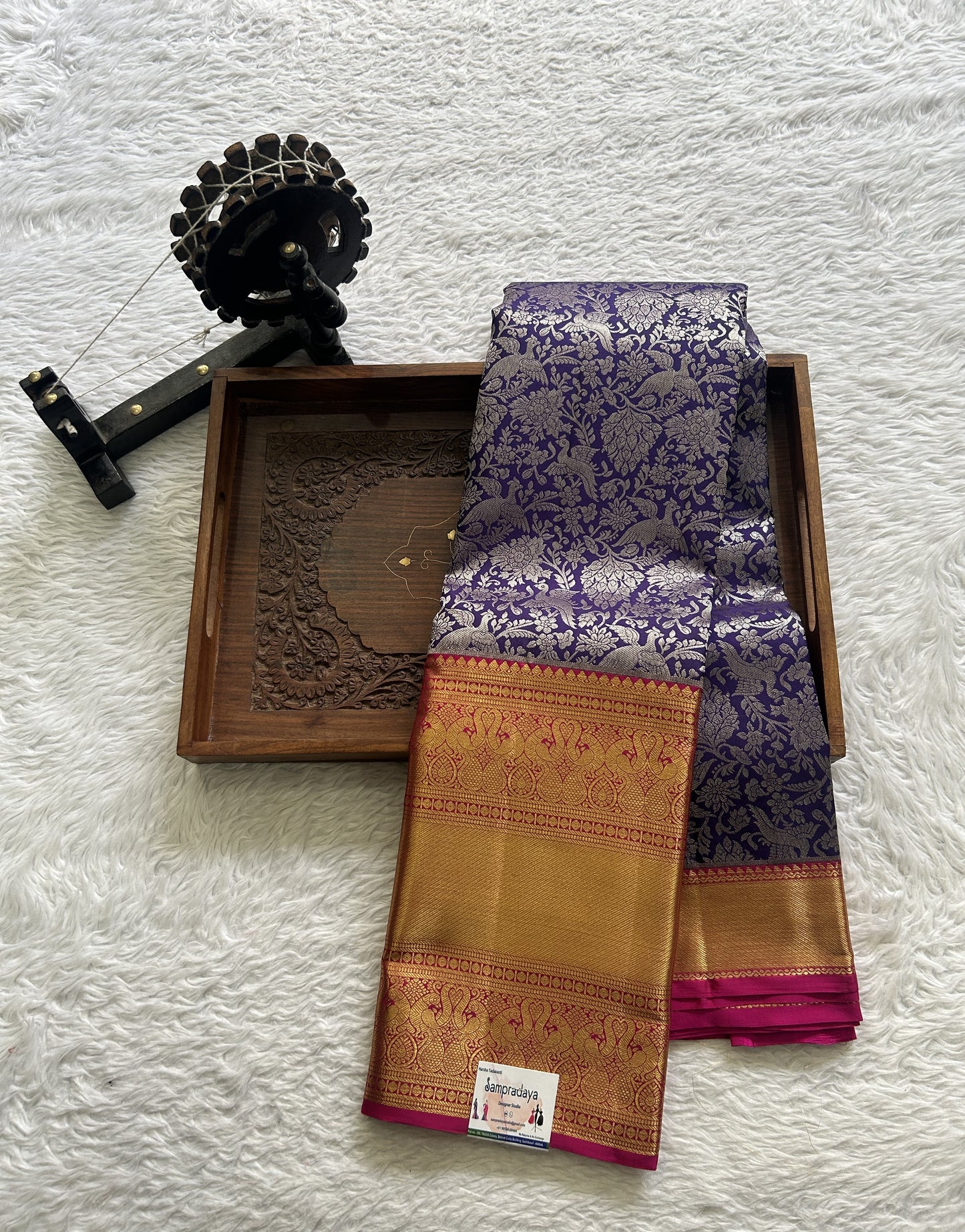 Kanjivaram Bridal Silk Saree Navy Blue colored complemented with a Zari border. - Sampradaya Designer Studio