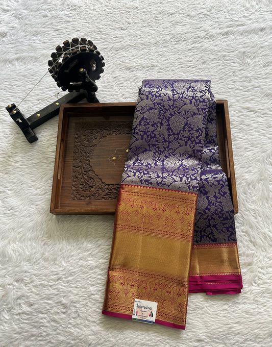 Kanjivaram Bridal Silk Saree Navy Blue colored complemented with a Zari border. - Sampradaya Designer Studio