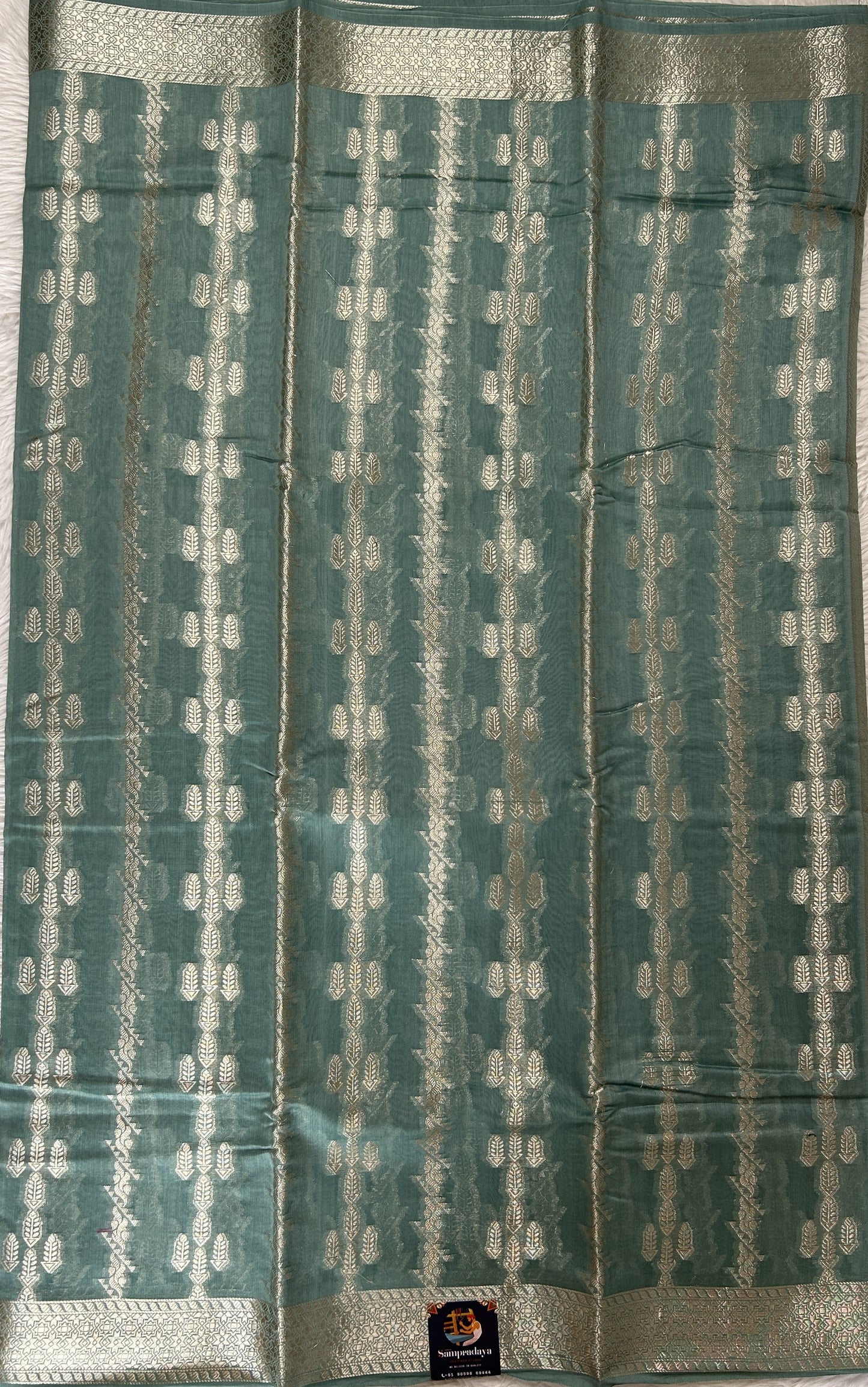 Maheshwari Chanderi Cotton Saree Sea Blue Colored Complemented with a Zari Border. - Sampradaya Designer Studio