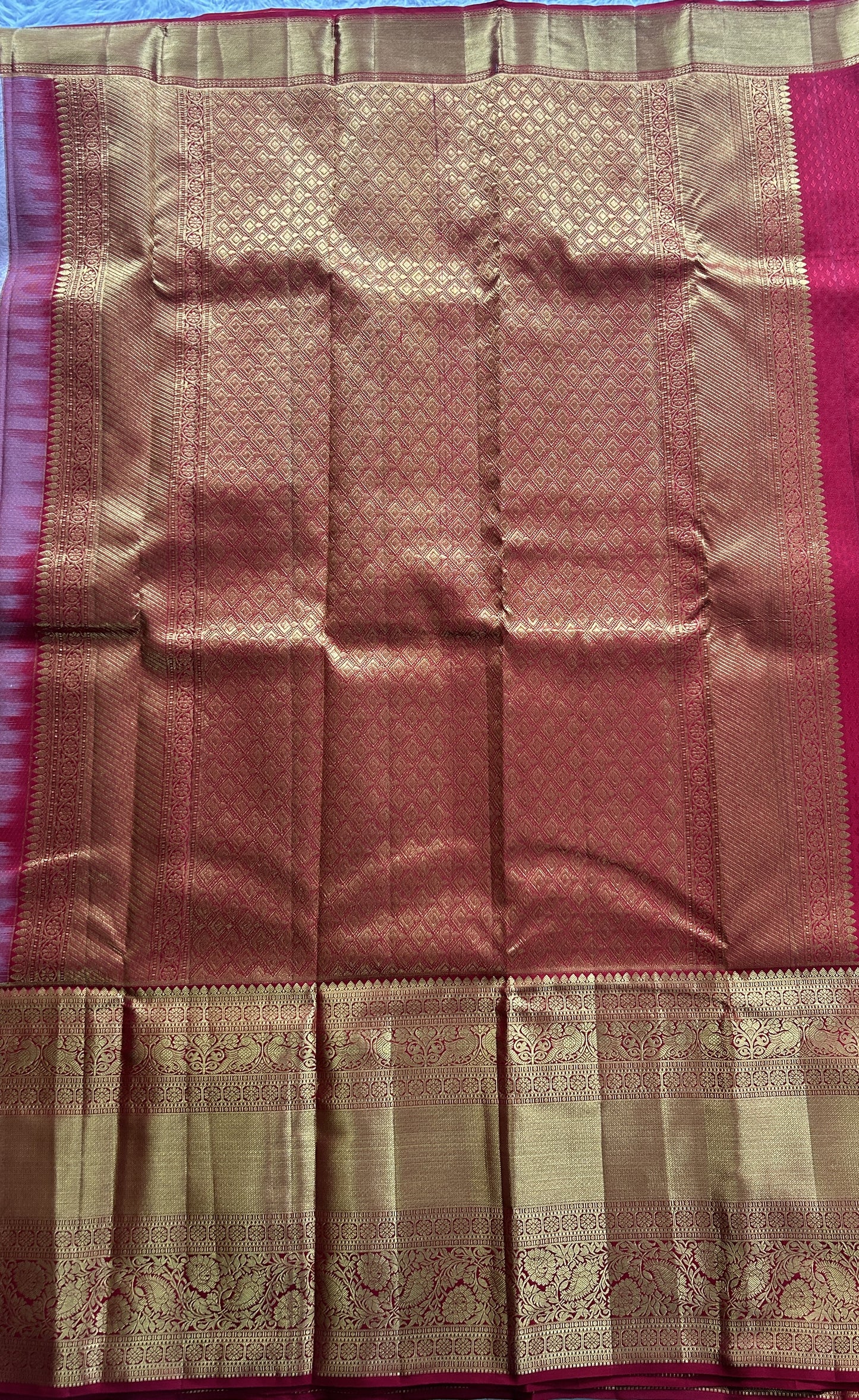 Kanjivaram Bridal Silk Saree Light Peach colored complemented with a Zari border. - Sampradaya Designer Studio
