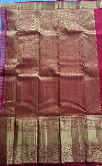 Kanjivaram Bridal Silk Saree Light Peach colored complemented with a Zari border. - Sampradaya Designer Studio