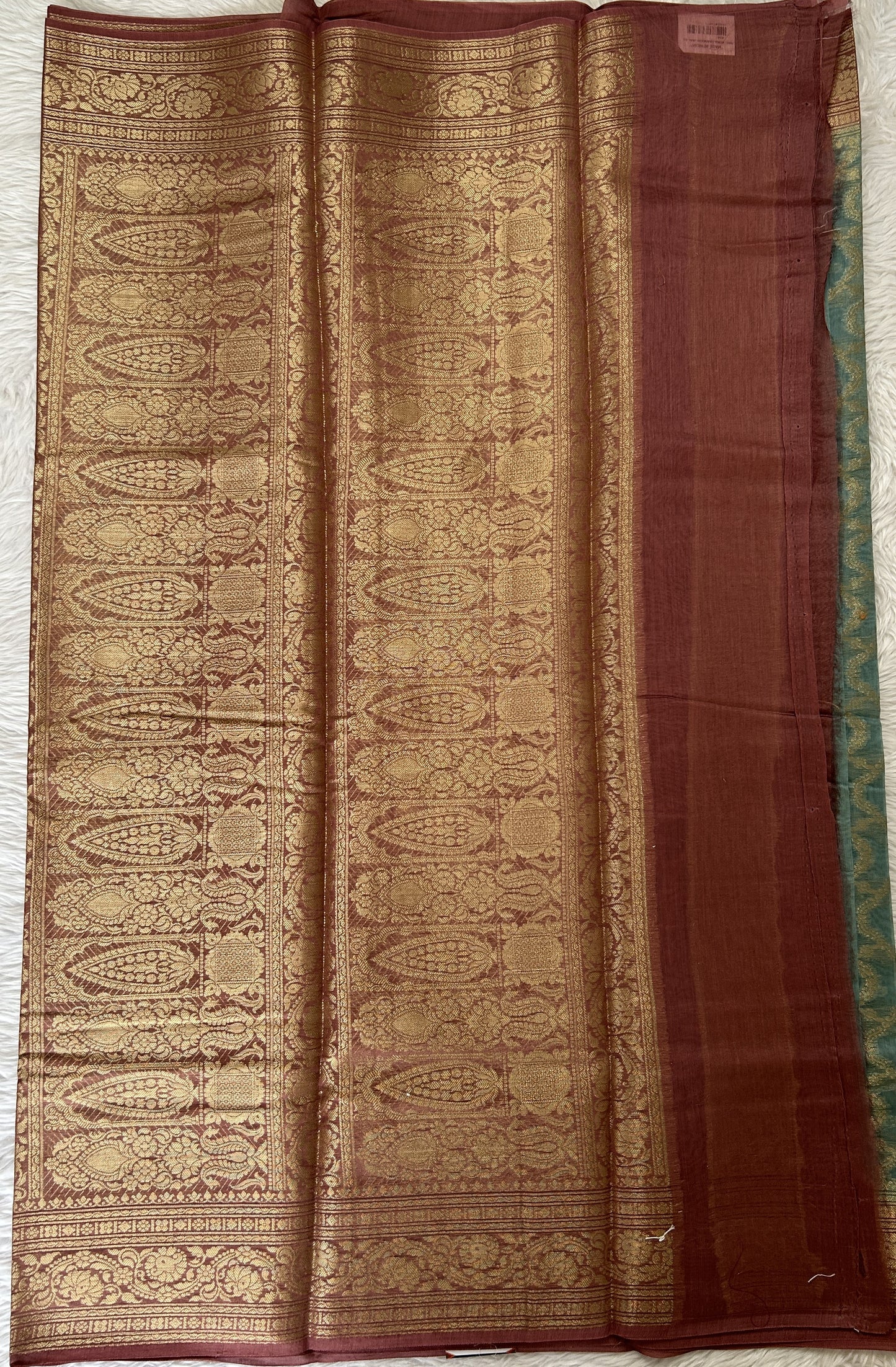 Maheshwari Chanderi Cotton Saree Sea Blue Colored Complemented with a Rusty Rose Color Zari Border. - Sampradaya Designer Studio
