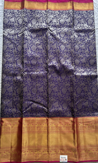 Kanjivaram Bridal Silk Saree Navy Blue colored complemented with a Zari border. - Sampradaya Designer Studio