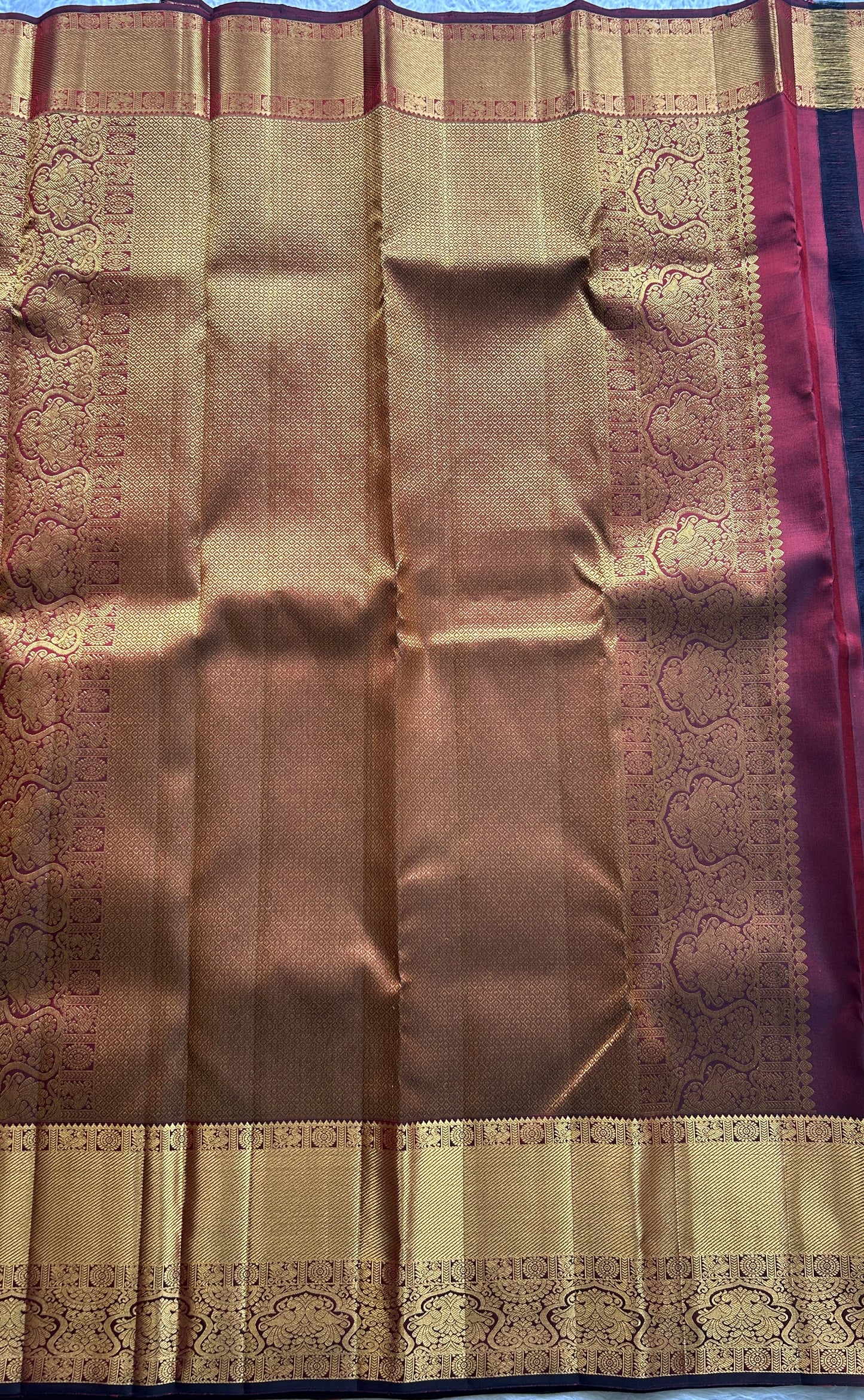 Kanjivaram Bridal Silk Saree Dark Maroon colored complemented with a Zari border. - Sampradaya Designer Studio