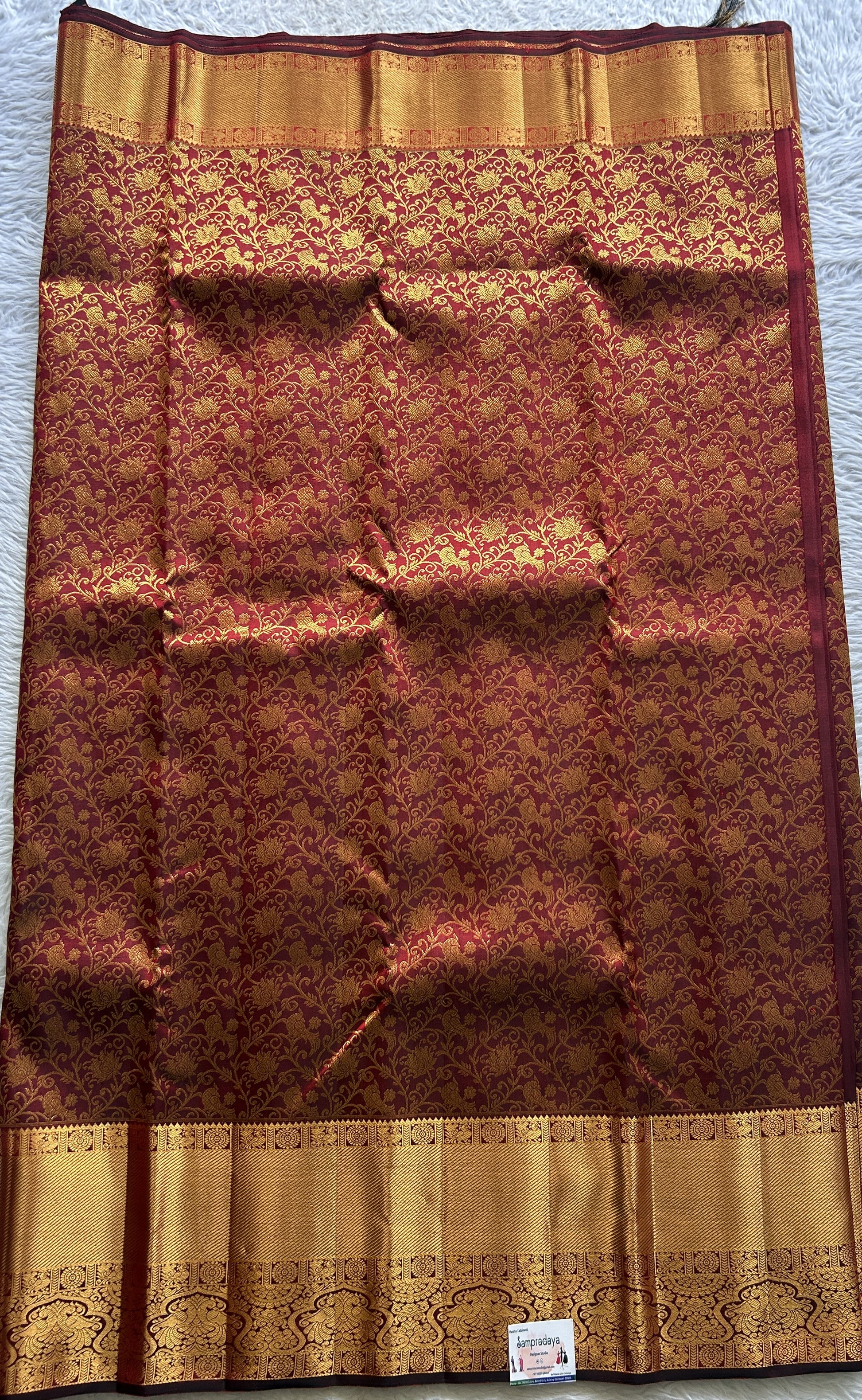 Kanjivaram Bridal Silk Saree Dark Maroon colored complemented with a Zari border. - Sampradaya Designer Studio