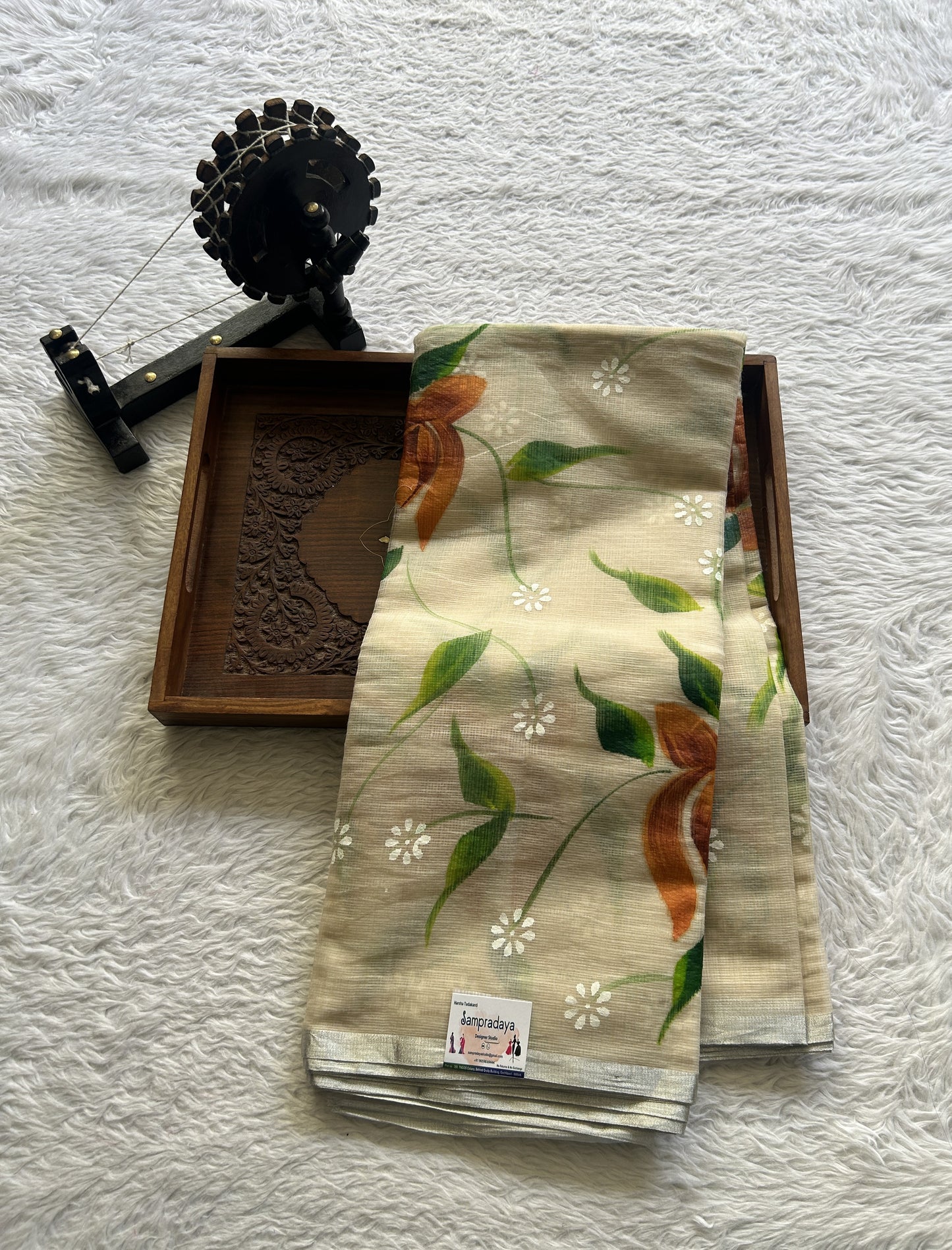 Cotton Kota Hand Painted Saree Wheat Colored Complemented with a Borderless. - Sampradaya Designer Studio