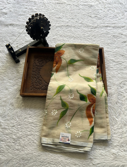 Cotton Kota Hand Painted Saree Wheat Colored Complemented with a Borderless. - Sampradaya Designer Studio