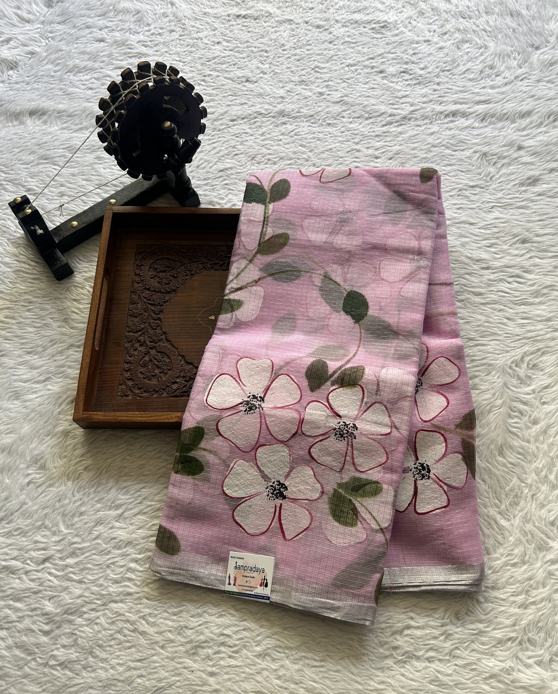 Cotton Kota Hand Painted Saree Lilac Colored Complemented with a Borderless. - Sampradaya Designer Studio