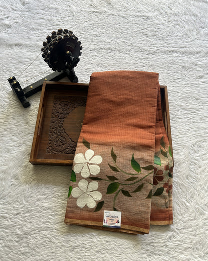 Cotton Kota Hand Painted Saree Chocolate Brown Colored Complemented with a Borderless. - Sampradaya Designer Studio