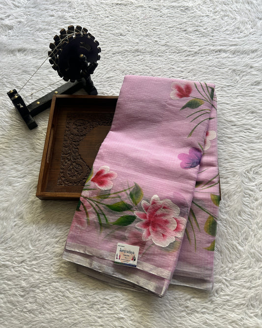 Cotton Kota Hand Painted Saree Lavender Colored Complemented with a Borderless. - Sampradaya Designer Studio