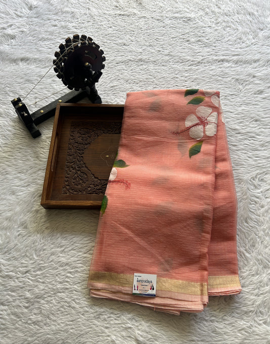 Cotton Kota Hand Painted Saree Peach Colored Complemented with a Borderless. - Sampradaya Designer Studio