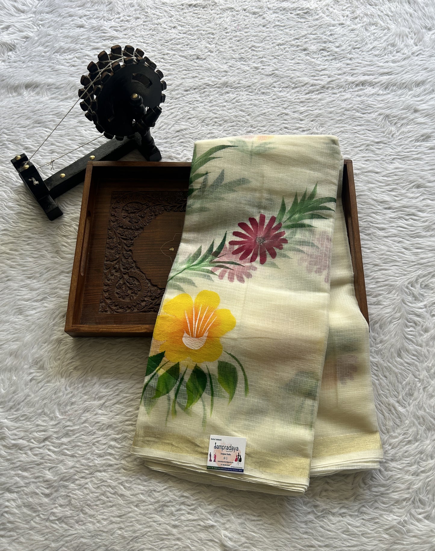 Cotton Kota Hand Painted Saree Off White Colored Complemented with a Borderless. - Sampradaya Designer Studio