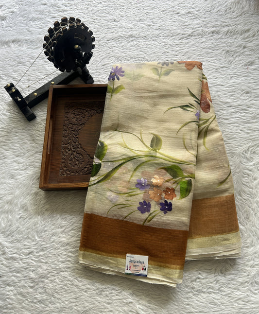 Cotton Kota Hand Painted Saree Cream Colored Complemented with a Borderless. - Sampradaya Designer Studio