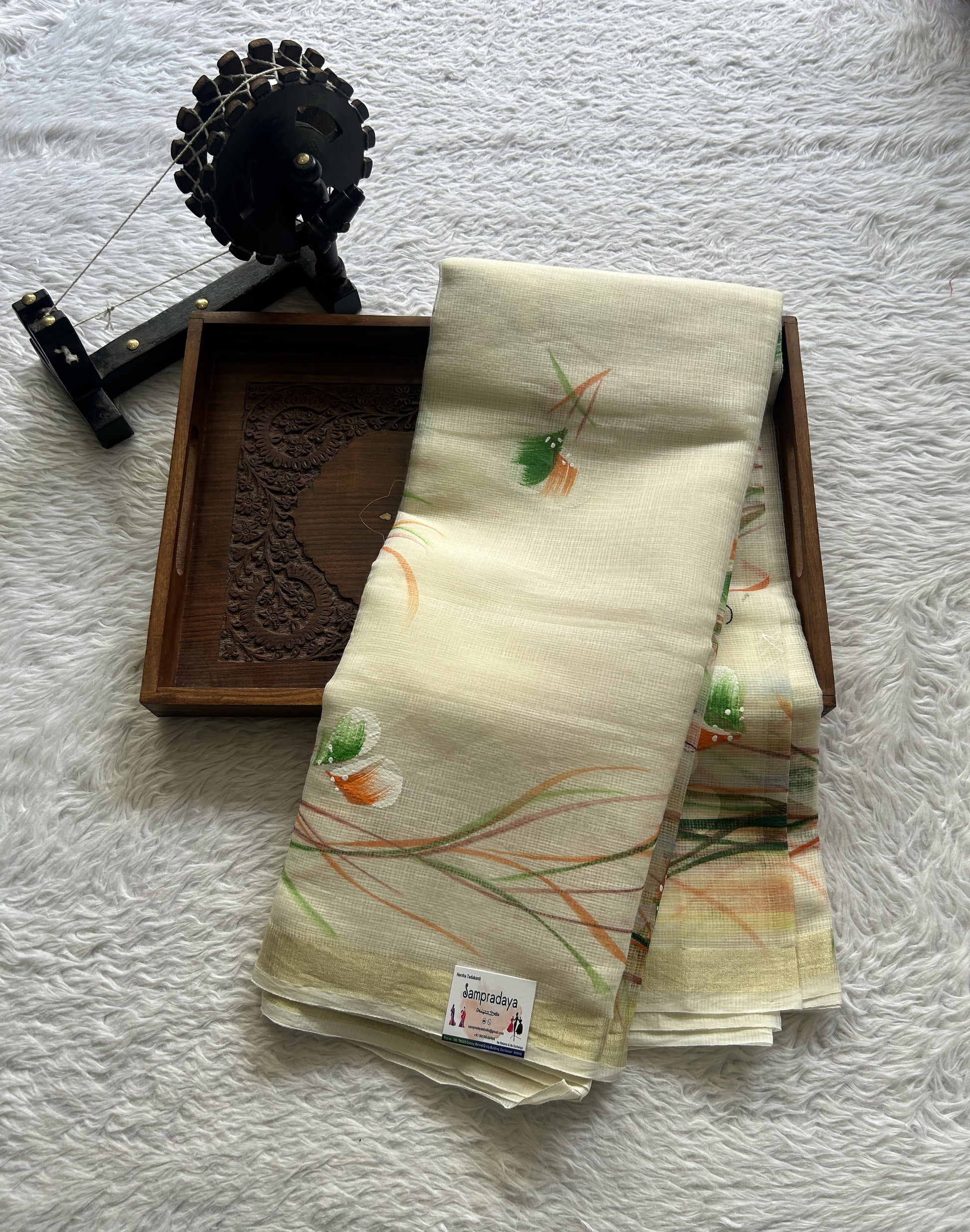 Cotton Kota Hand Painted Saree White Colored Complemented with a Borderless. - Sampradaya Designer Studio