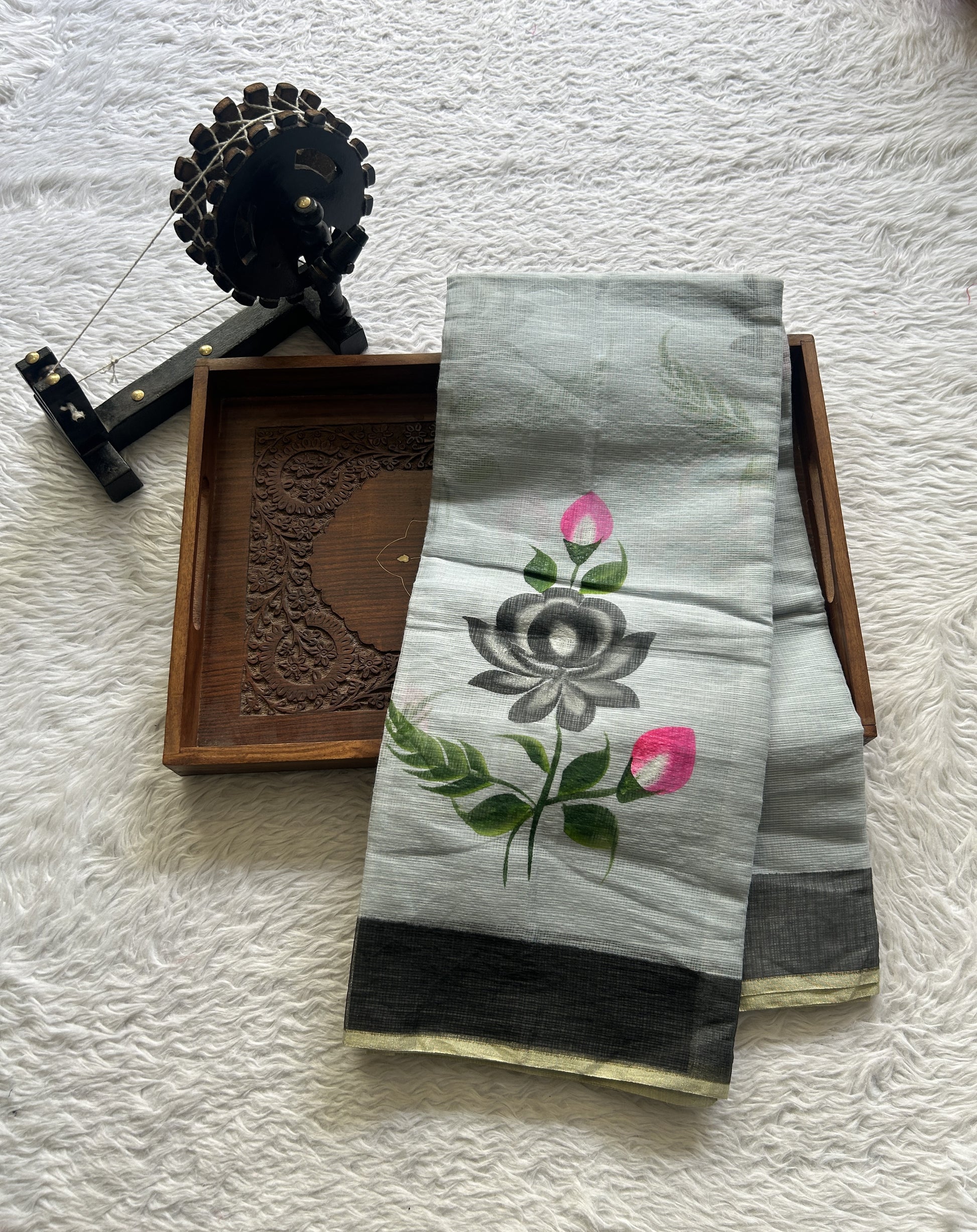 Cotton Kota Hand Painted Saree Ash Colored Complemented with a Borderless. - Sampradaya Designer Studio