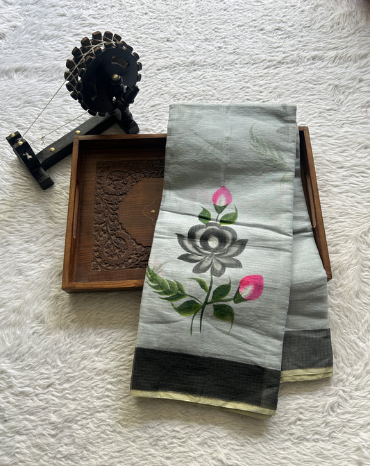 Cotton Kota Hand Painted Saree Ash Colored Complemented with a Borderless. - Sampradaya Designer Studio