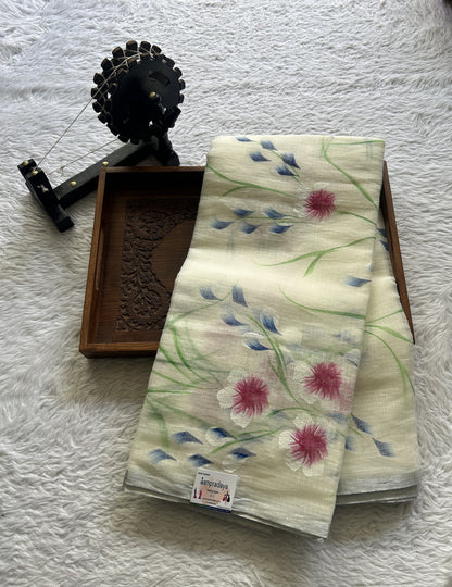 Cotton Kota Hand Painted Saree Milk White Colored Complemented with a Borderless. - Sampradaya Designer Studio