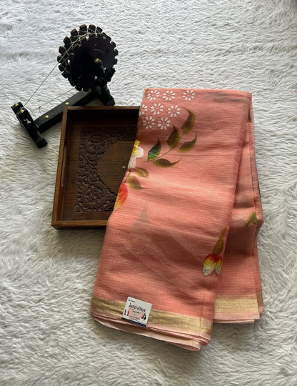 Cotton Kota Hand Painted Saree Dark Peach Colored Complemented with a Borderless. - Sampradaya Designer Studio