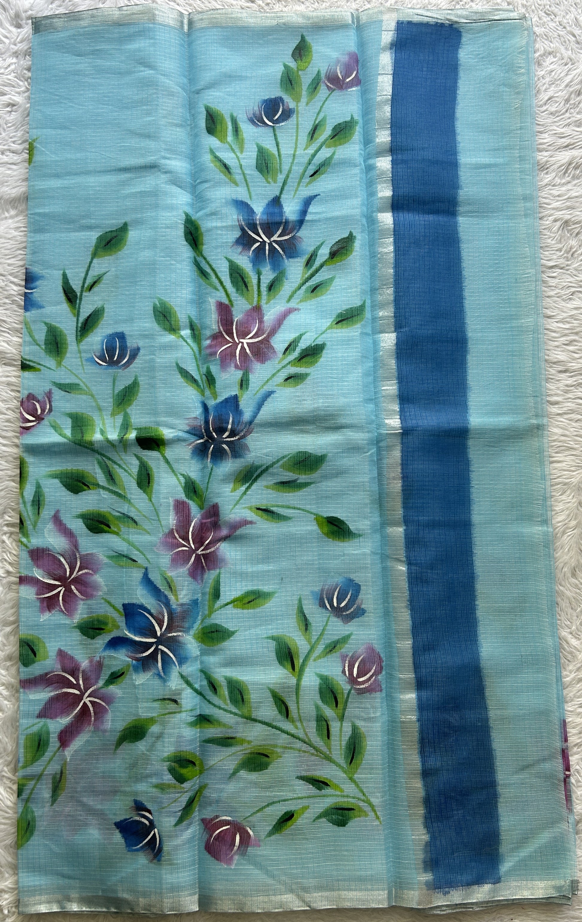 Cotton Kota Hand Painted Saree Sky Blue Colored Complemented with a Borderless. - Sampradaya Designer Studio