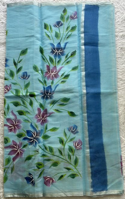 Cotton Kota Hand Painted Saree Sky Blue Colored Complemented with a Borderless. - Sampradaya Designer Studio
