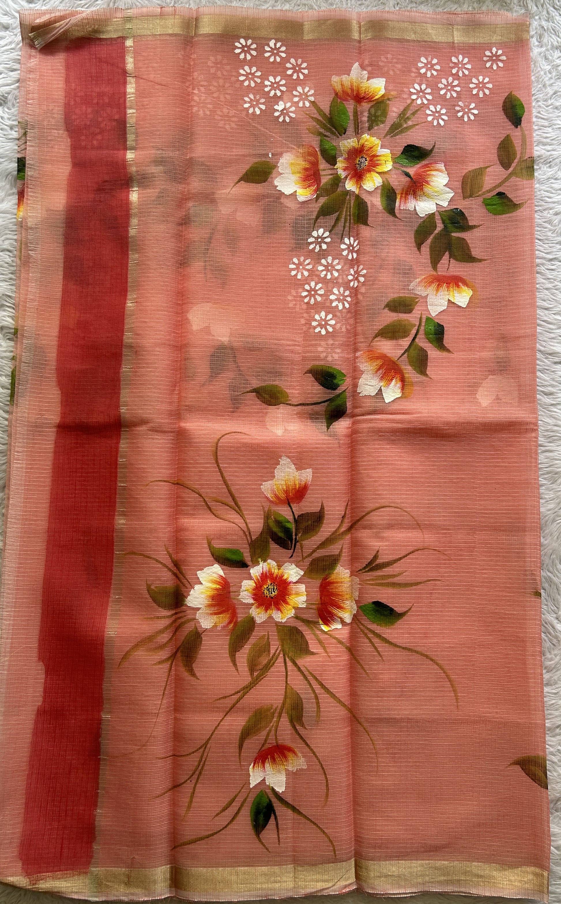 Cotton Kota Hand Painted Saree Dark Peach Colored Complemented with a Borderless. - Sampradaya Designer Studio
