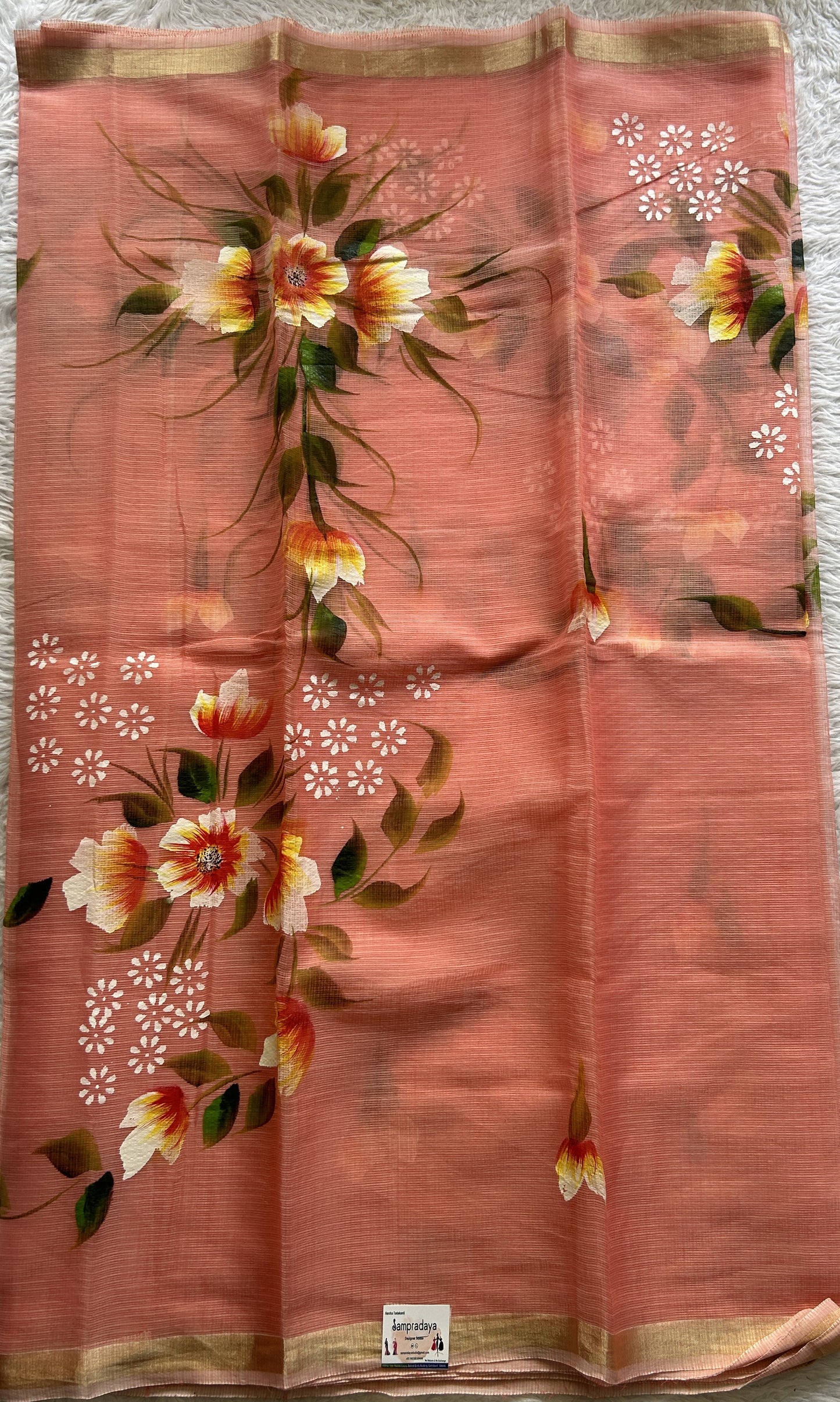 Cotton Kota Hand Painted Saree Dark Peach Colored Complemented with a Borderless. - Sampradaya Designer Studio