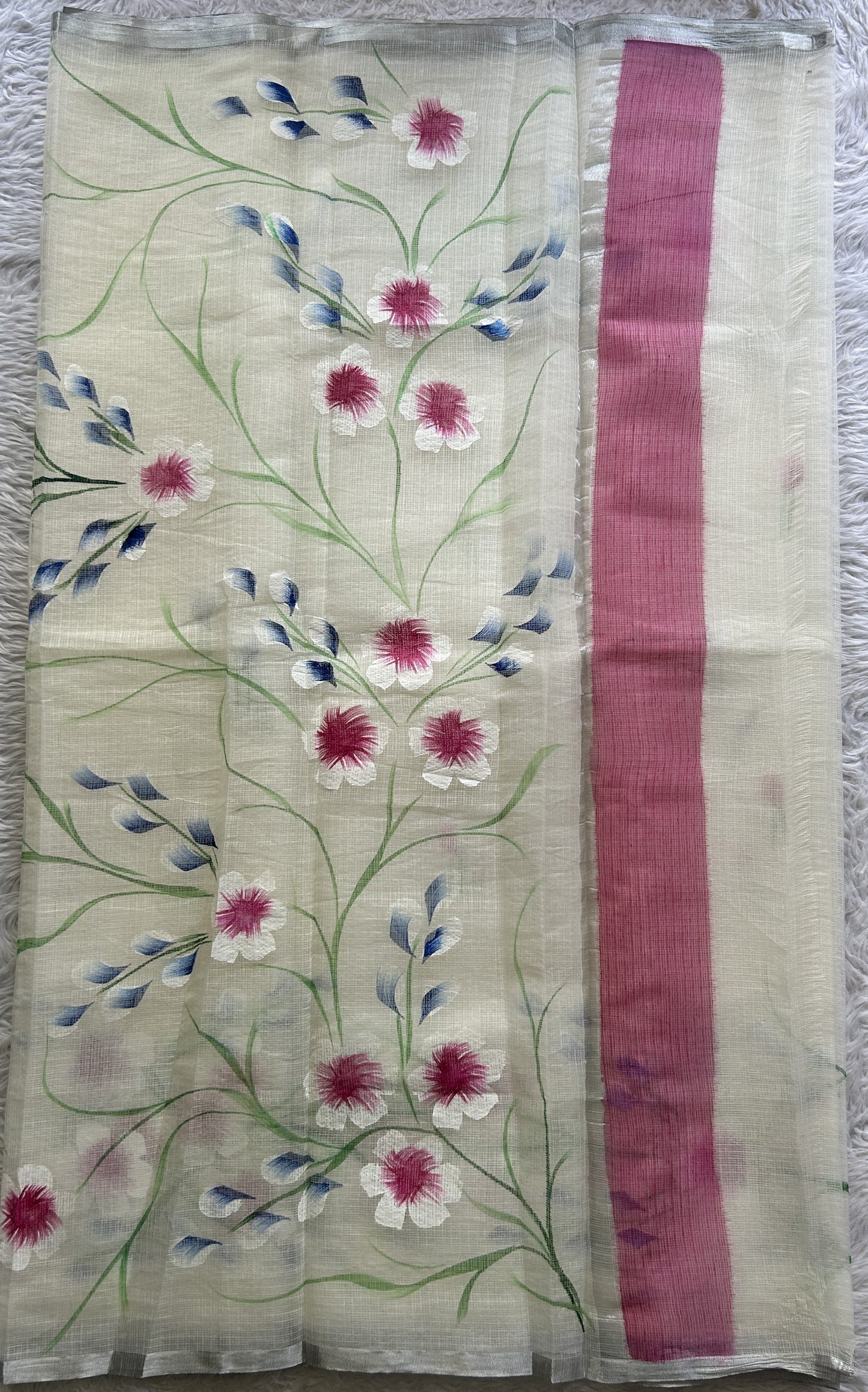 Cotton Kota Hand Painted Saree Milk White Colored Complemented with a Borderless. - Sampradaya Designer Studio