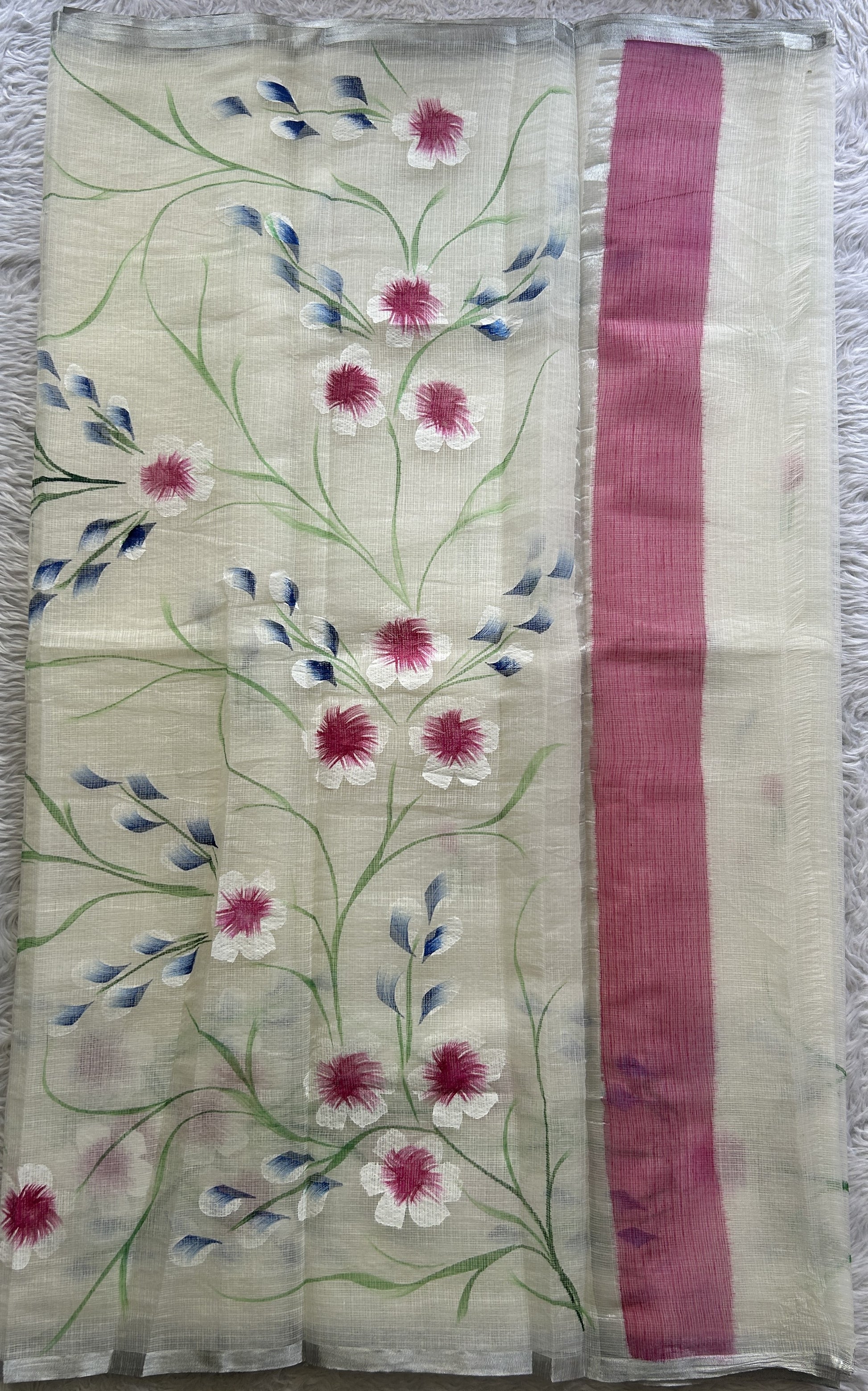 Cotton Kota Hand Painted Saree Milk White Colored Complemented with a Borderless. - Sampradaya Designer Studio
