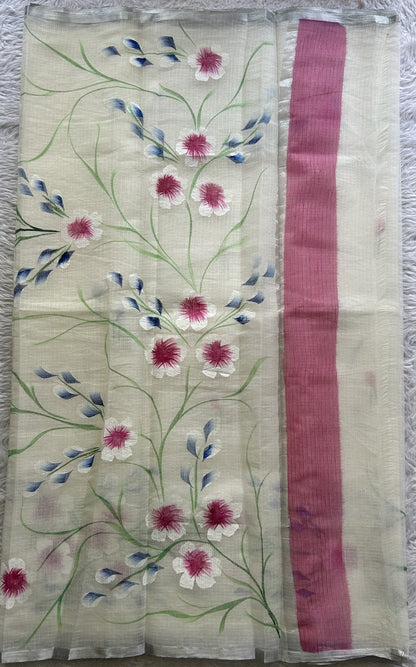 Cotton Kota Hand Painted Saree Milk White Colored Complemented with a Borderless. - Sampradaya Designer Studio