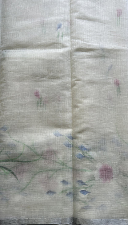 Cotton Kota Hand Painted Saree Milk White Colored Complemented with a Borderless. - Sampradaya Designer Studio