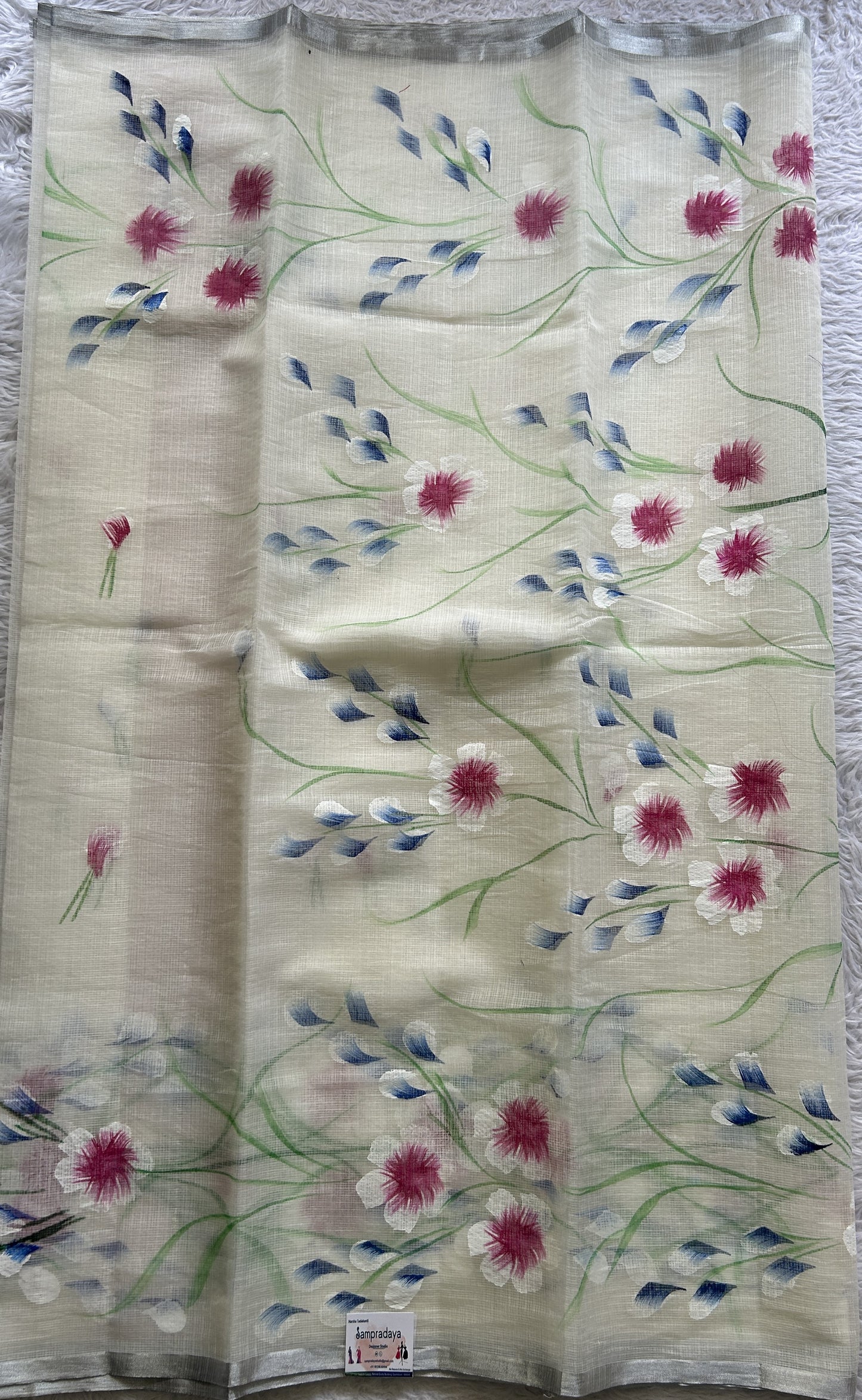 Cotton Kota Hand Painted Saree Milk White Colored Complemented with a Borderless. - Sampradaya Designer Studio