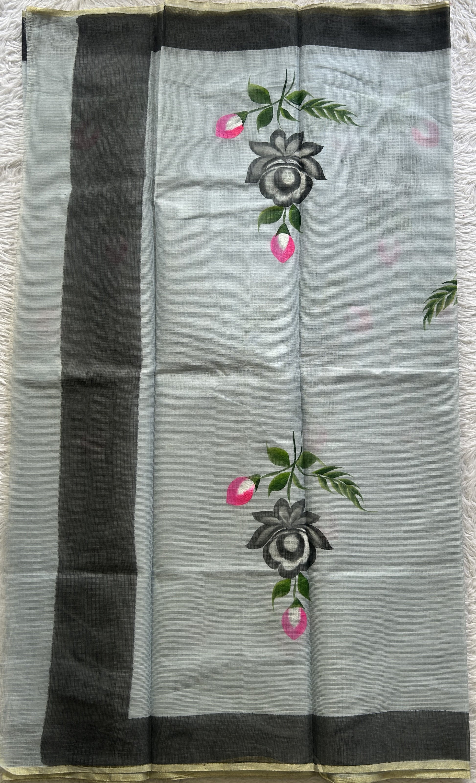Cotton Kota Hand Painted Saree Ash Colored Complemented with a Borderless. - Sampradaya Designer Studio
