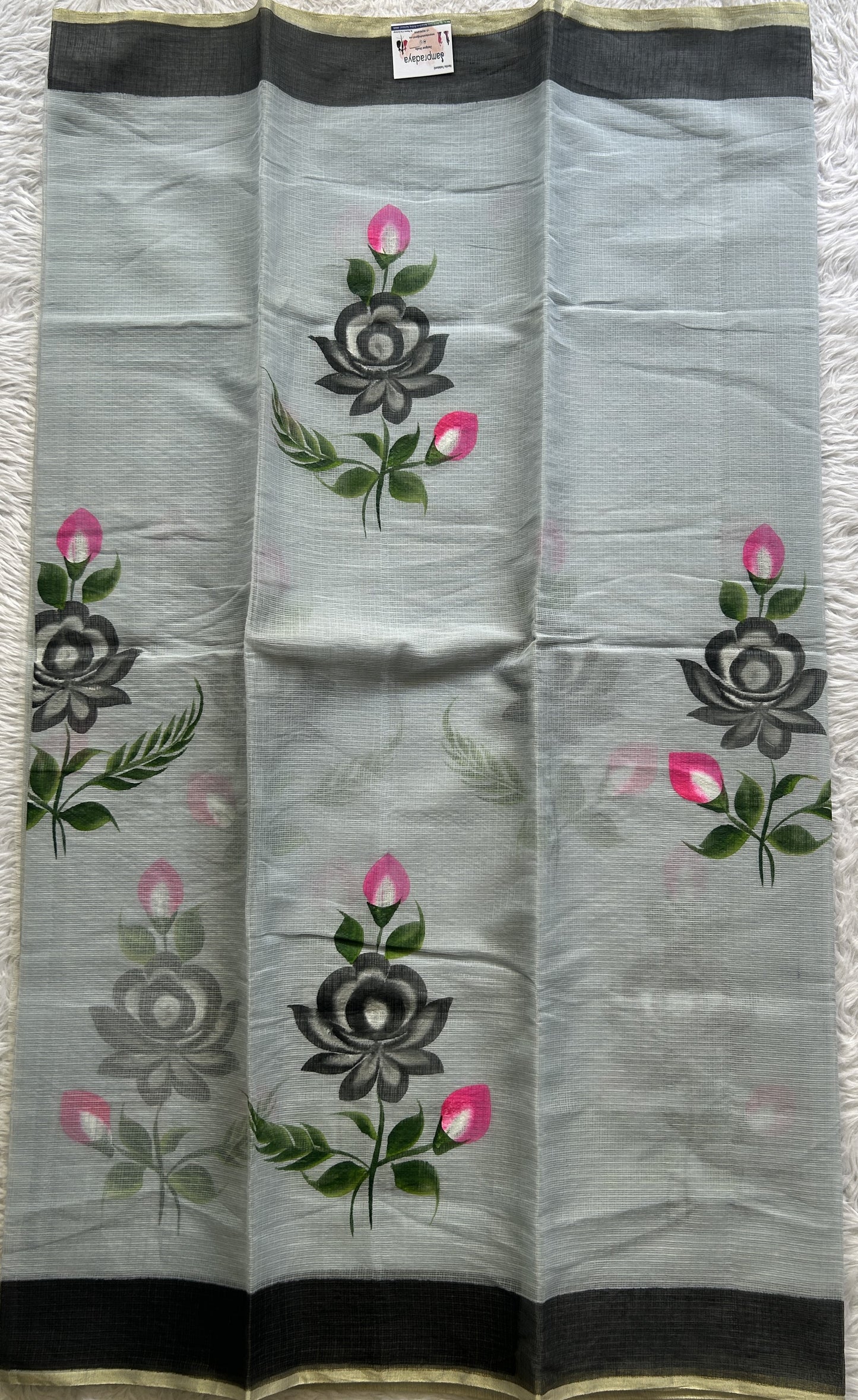 Cotton Kota Hand Painted Saree Ash Colored Complemented with a Borderless. - Sampradaya Designer Studio