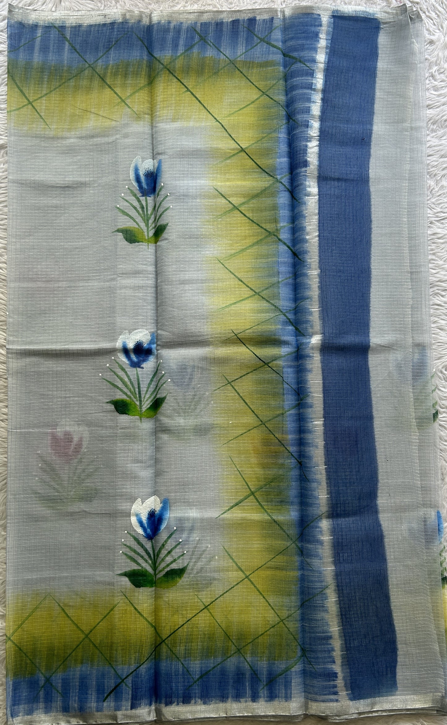 Cotton Kota Hand Painted Saree Light Gray Colored Complemented with a Borderless. - Sampradaya Designer Studio