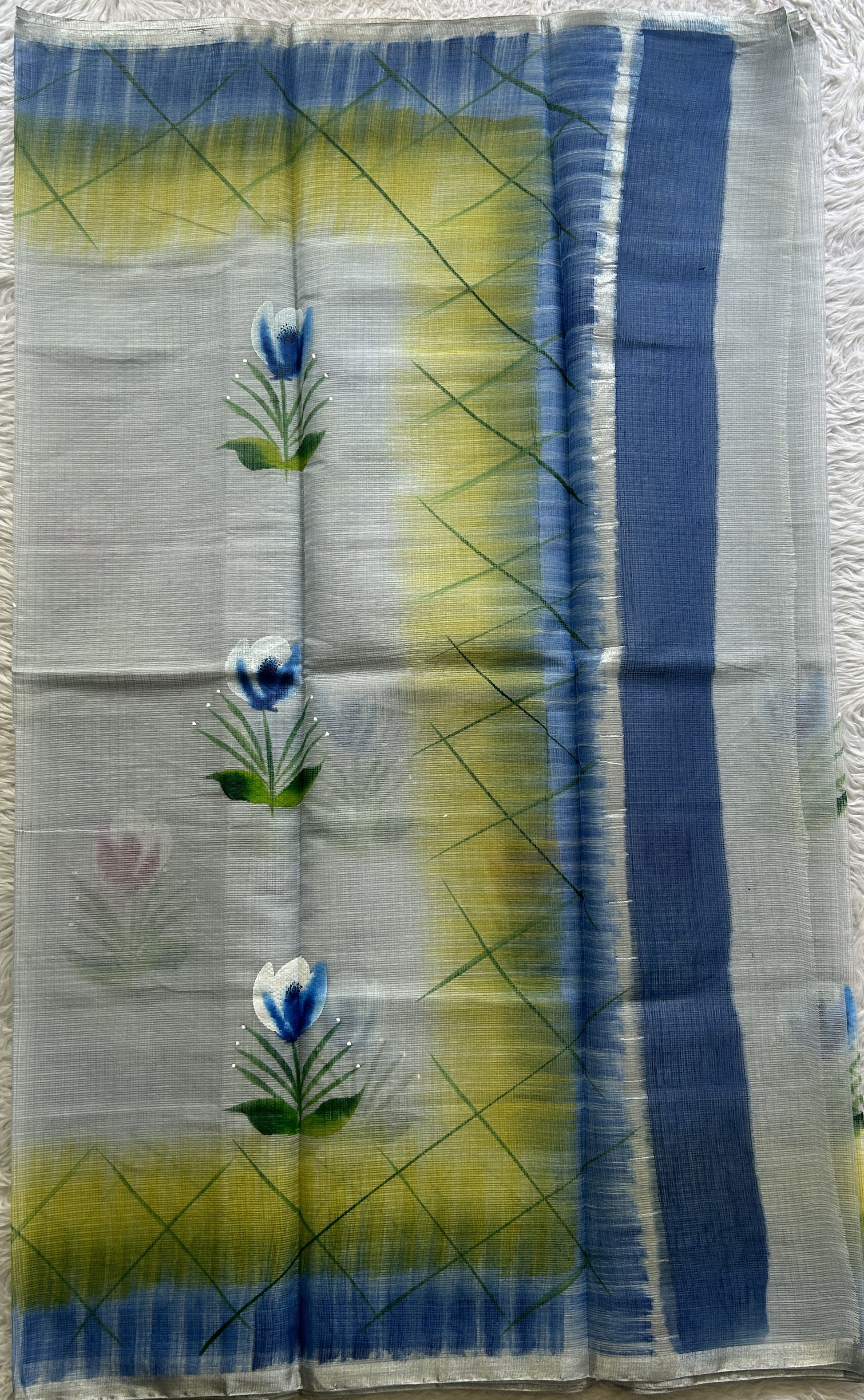 Cotton Kota Hand Painted Saree Light Gray Colored Complemented with a Borderless. - Sampradaya Designer Studio