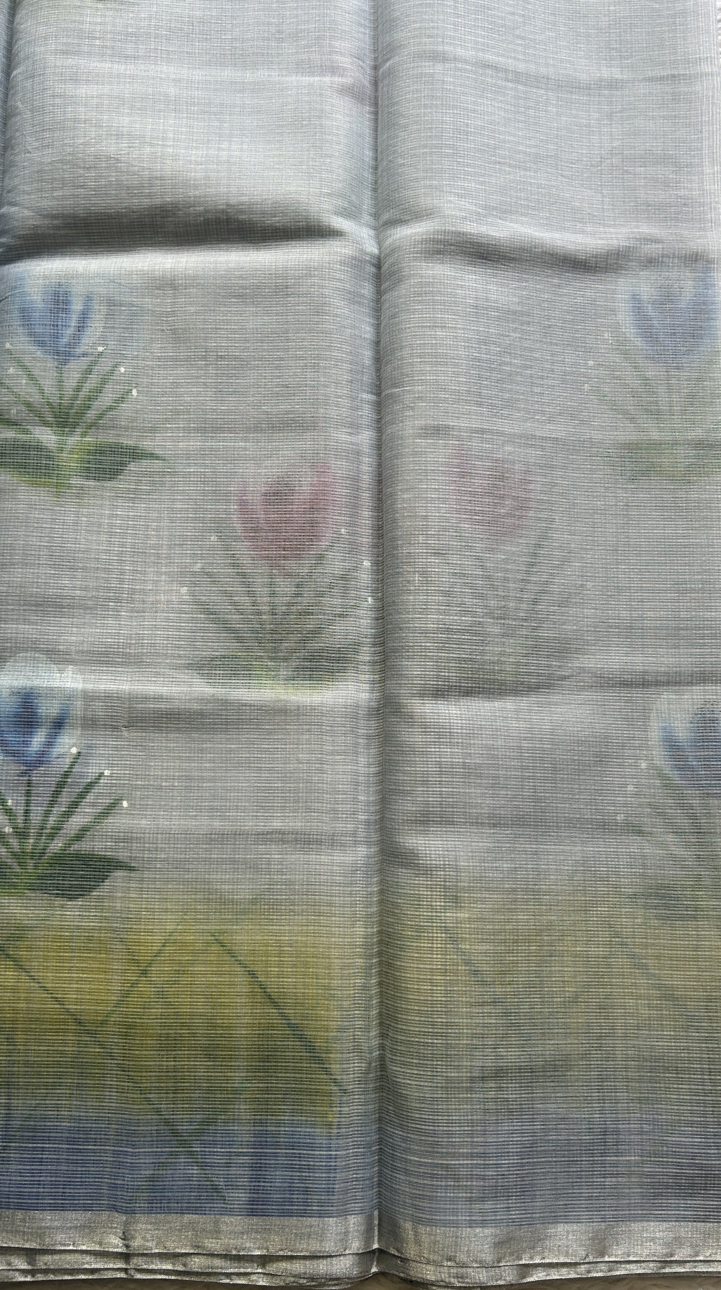 Cotton Kota Hand Painted Saree Light Gray Colored Complemented with a Borderless. - Sampradaya Designer Studio