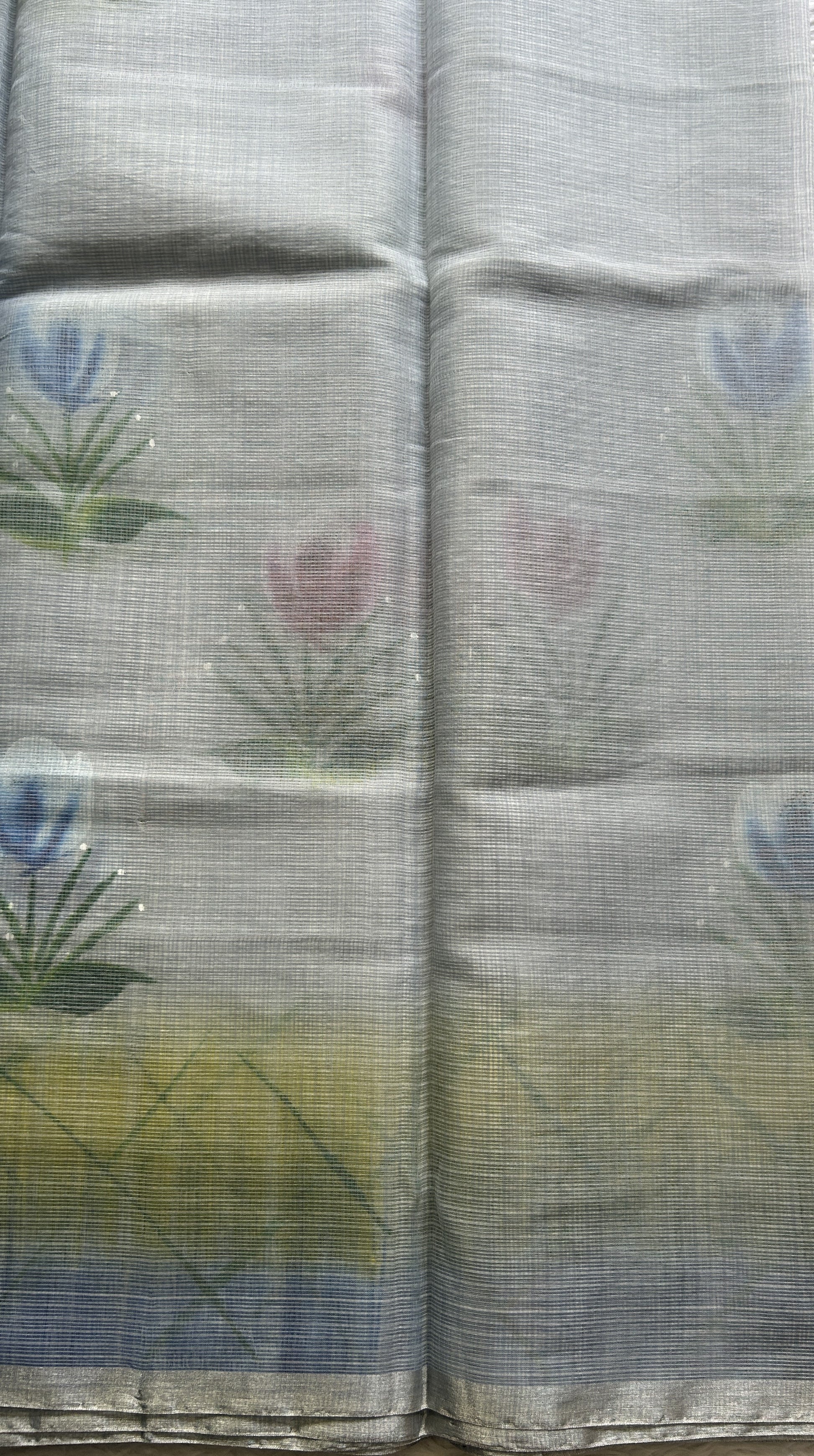 Cotton Kota Hand Painted Saree Light Gray Colored Complemented with a Borderless. - Sampradaya Designer Studio
