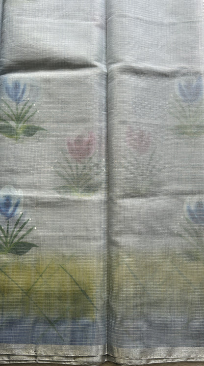 Cotton Kota Hand Painted Saree Light Gray Colored Complemented with a Borderless. - Sampradaya Designer Studio