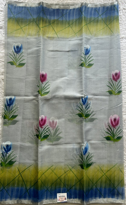 Cotton Kota Hand Painted Saree Light Gray Colored Complemented with a Borderless. - Sampradaya Designer Studio