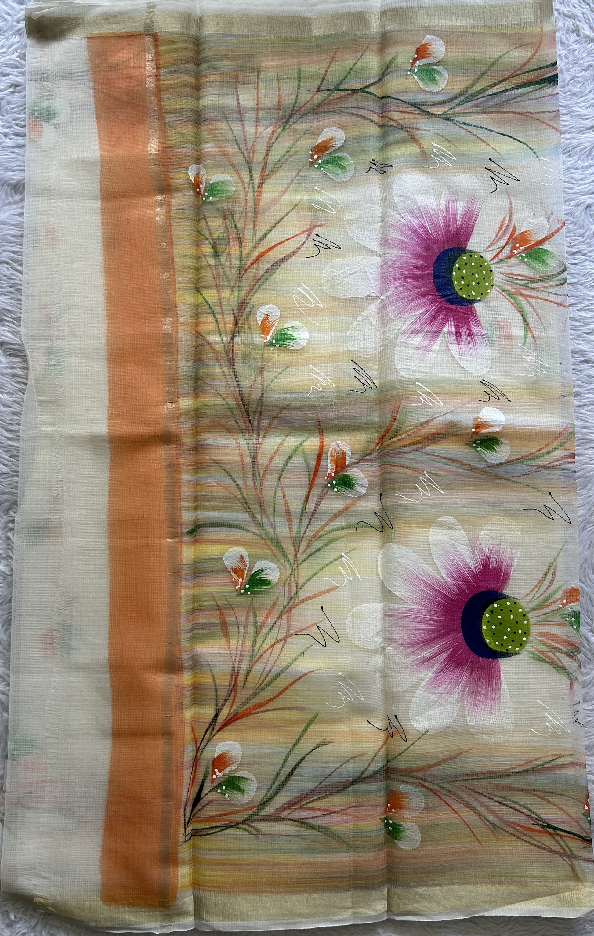 Cotton Kota Hand Painted Saree White Colored Complemented with a Borderless. - Sampradaya Designer Studio